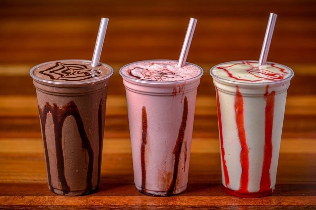 Três milk-shakes nos sabores chocolate, morango e baunilha